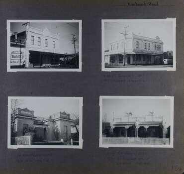 4 photos - 2 views of the corner two storey large shop building, 1 view of a home with a decorative parapet over its one storey and one view of adjoining small old cottages.