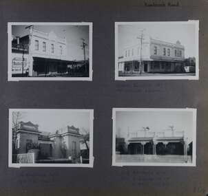4 photos - 2 views of the corner two storey large shop building, 1 view of a home with a decorative parapet over its one storey and one view of adjoining small old cottages.