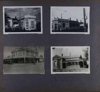 4 photos - 2 different views of an old corner shop and the houses on each side of it; one old photo of an intersection with a tram going by and a couple of people on the street in front of a large 2 storey corner building of shops; and one of an old brick home with a return verandah.