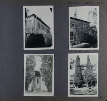 4 photos - old 2-storey brick building with different views of front entrance and exterior walls plus garden and driveway with car.