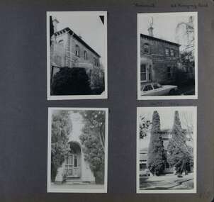 4 photos - old 2-storey brick building with different views of front entrance and exterior walls plus garden and driveway with car.