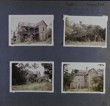 4 photos - different views of old 2storey brick mansion in its overgrown garden.  Roof tiles missing for much of the building.