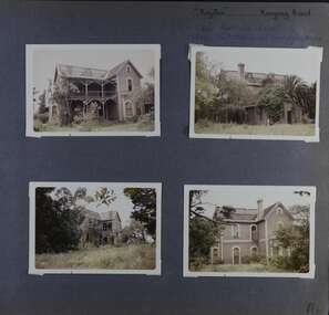 4 photos - different views of old 2storey brick mansion in its overgrown garden.  Roof tiles missing for much of the building.
