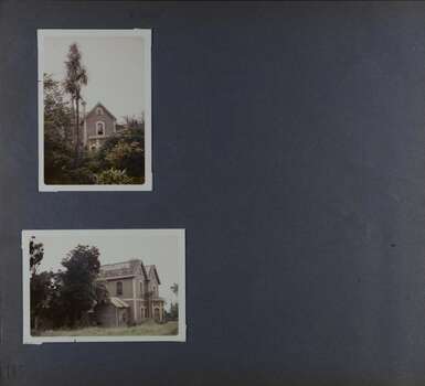 2 photos - different exterior views of this old brick two storey mansion in its overgrown garden.  Missing most of its roof tiles.