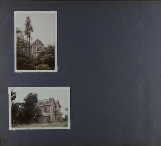 2 photos - different exterior views of this old brick two storey mansion in its overgrown garden.  Missing most of its roof tiles.