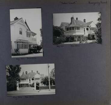 3 photos - different views around old 2 storey mansion in its garden including a street view.