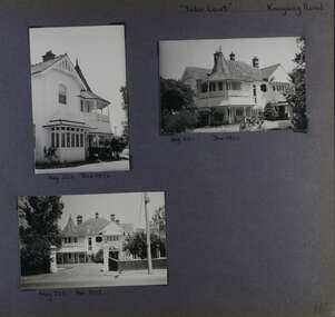 3 photos - different views around old 2 storey mansion in its garden including a street view.