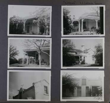 6 photos - 4 different views of an old home with verandahs in its garden and 2 views of a 2 storey building