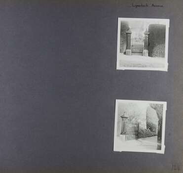 2 photos - old style gate for pedestrians and opened large old style gates for driveway, all of similar style