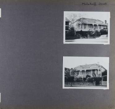2 photos of the front of the same old house with verandah in its garden - from left and from right.