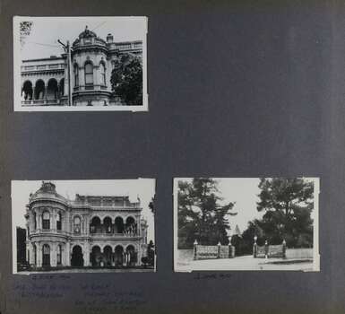 3 photos - one view of the upper level of an old mansion showing its windows and balconies, one view of the front of the old mansion and one of large elaborate gates at a driveway entrance. 