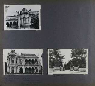 3 photos - one view of the upper level of an old mansion showing its windows and balconies, one view of the front of the old mansion and one of large elaborate gates at a driveway entrance. 