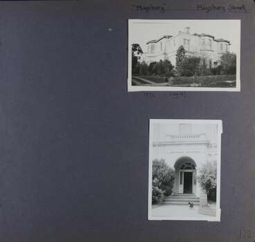 2 photos - one of a large 2 storey building in its garden and one of a formal entrance door with a cat in front of it.