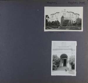 2 photos - one of a large 2 storey building in its garden and one of a formal entrance door with a cat in front of it.