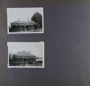 2 photos - 2 old-style homes showing their front garden and front fence