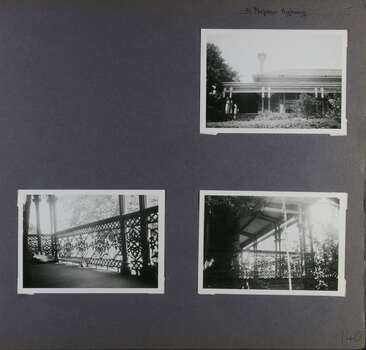 3 photos - 1 view of the corner of an old house and its verandah and 2 different closeup views of its decorative verandah