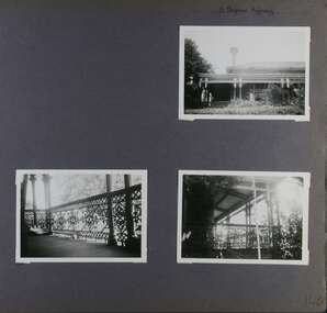 3 photos - 1 view of the corner of an old house and its verandah and 2 different closeup views of its decorative verandah