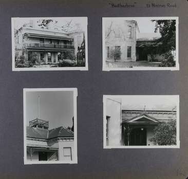 4 photos - 1 view of an old 2-storey mansion in its garden with 3 closer views of its features including a platform on the roof