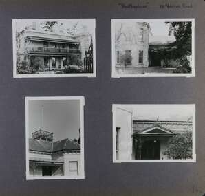 4 photos - 1 view of an old 2-storey mansion in its garden with 3 closer views of its features including a platform on the roof