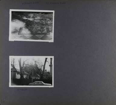 2 photos - 1 of tiled pavement with a rectangle containing a large emblem and 1 of smaller buildings out the back