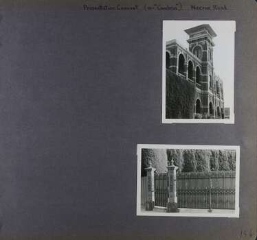 2 photos - 1 of the front of a large 2 storey brick building with an over 3 storey tower and 1 of a high fence with 2 large pillars
