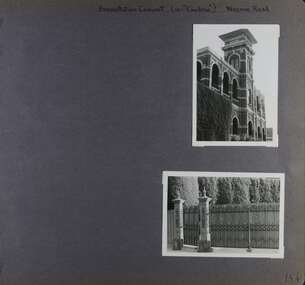 2 photos - 1 of the front of a large 2 storey brick building with an over 3 storey tower and 1 of a high fence with 2 large pillars