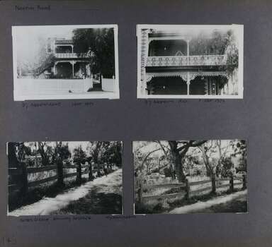 4 photos - 2 views of an old 2 storey brick mansion and its decorative brickwork and balcony;  and 2 views of a park with its old-style wooden farm fence