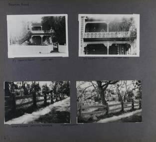 4 photos - 2 views of an old 2 storey brick mansion and its decorative brickwork and balcony;  and 2 views of a park with its old-style wooden farm fence