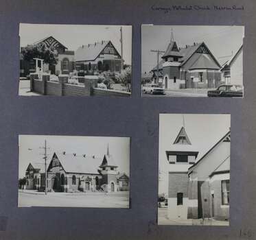 4 photos - different views of an old and large brick church with its bell tower with a hall next to it.