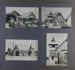 4 photos - different views of an old and large brick church with its bell tower with a hall next to it.
