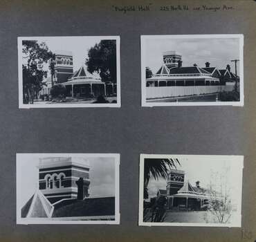 4 photos - 2 views from the garden of a large brick mansion with tower and verandah, 1 view from the street and 1 closeup view of the tower