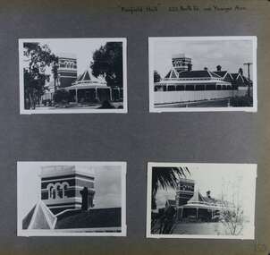 4 photos - 2 views from the garden of a large brick mansion with tower and verandah, 1 view from the street and 1 closeup view of the tower