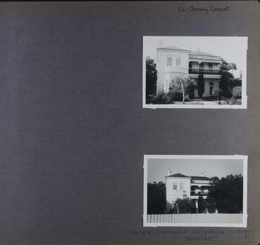 2 photos - 2 views of the front of a large 2 storey mansion, 1 from its garden and 1 from the street