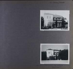 2 photos - 2 views of the front of a large 2 storey mansion, 1 from its garden and 1 from the street