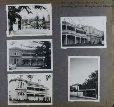 5 photos - 1 of cast iron gates at a driveway entrance, 3 different views of large mansion buildings from the gardens and 1 from the street showing a tram shelter and back of the large building.