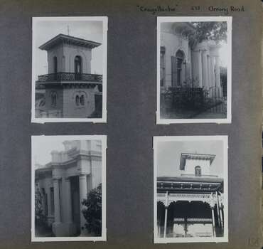4 photos - 2 different views of a mansion's 2 storey tower and 2 different views of a grand porch entry