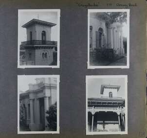 4 photos - 2 different views of a mansion's 2 storey tower and 2 different views of a grand porch entry
