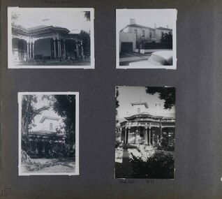 4 photos - 3 views of an old mansion with its tower and verandahs from its garden and 1 view of it from the street