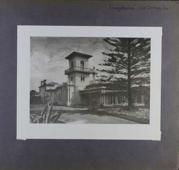 1 photo - large photo of an old mansion with 3 storey tower and driveway within its garden