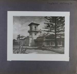1 photo - large photo of an old mansion with 3 storey tower and driveway within its garden