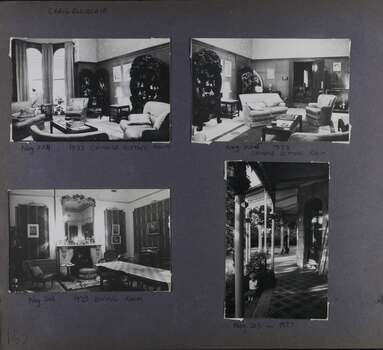 4 photos - 3 interior views of different furnished rooms and 1 view outside along the tiled verandah