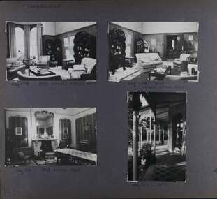 4 photos - 3 interior views of different furnished rooms and 1 view outside along the tiled verandah