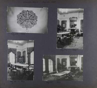 4 photos - 3 views of a dining room and one closeup of an ornamental ceiling rose