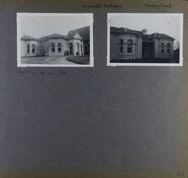 2 photos - 2 views of an old house next to a church 