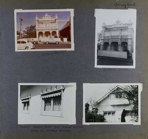 Two photos of an ornate 2-storey home plus two photos of a two storey attic house and its windows