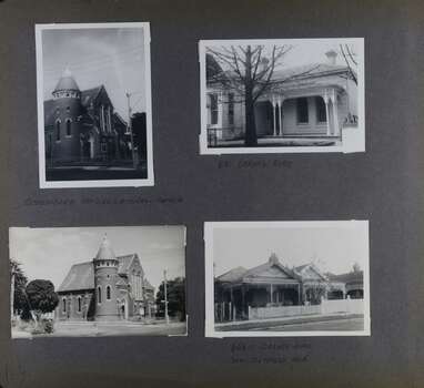 Two photos of an old brick church with a tower plus two photos of old houses