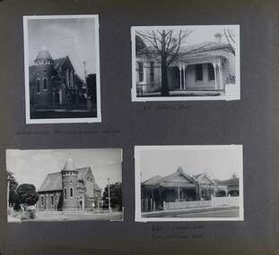 Two photos of an old brick church with a tower plus two photos of old houses