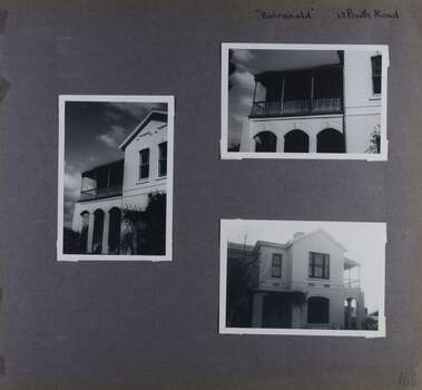 Views of two storey mansion and its arched verandah plus cast iron work balcony