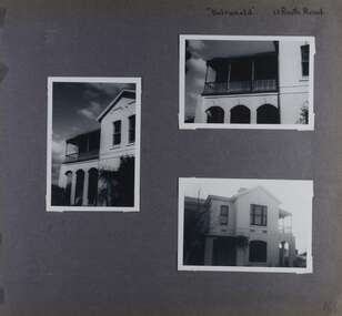 Views of two storey mansion and its arched verandah plus cast iron work balcony