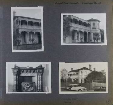 Street and garden views of the front of 2 storey old mansion plus one of a highly decorative fireplace and mantelpiece